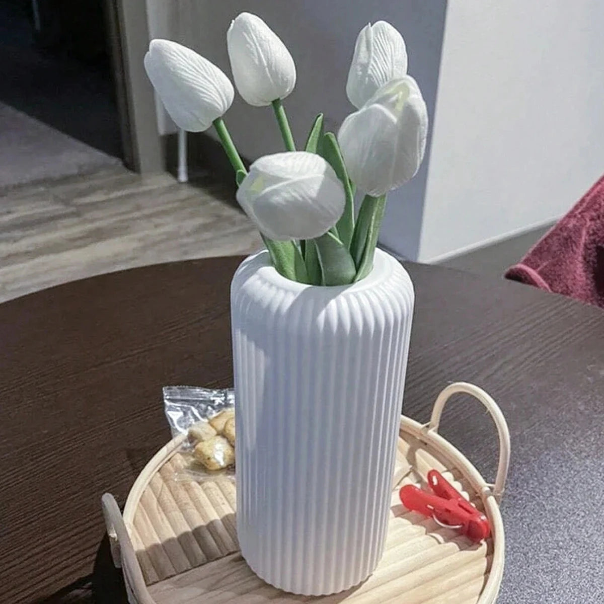 Striped Plastic Vase with Ceramic Finish for Flowers