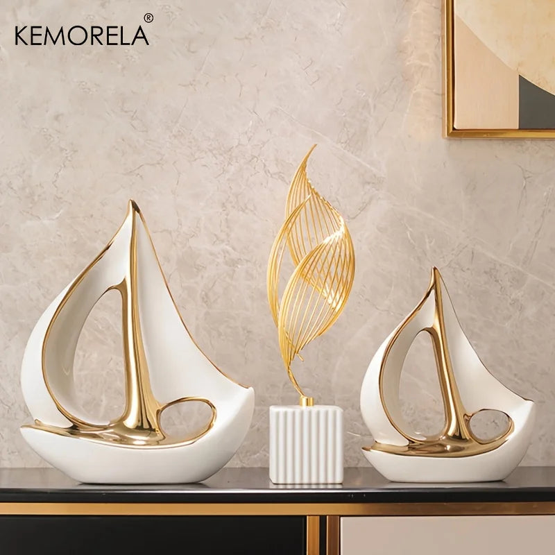 Ceramics Luxury Sailboat Sculpture Post-modern Living Room Ornaments Office Desk Accessories Decorative Boat Figurines Craft