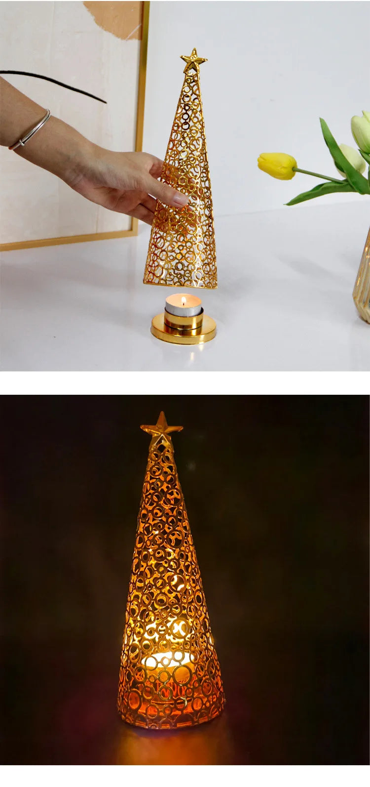 Metal candlestick in the shape of a Christmas tree